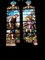 Chatillon-sur-Chalaronne, Eglise, Vitrail, St Vincent de Paul enfant donne sa bourse a un pauvre